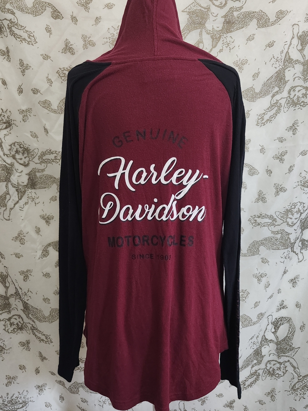 Harley Davidson xl Red Black Logo Henley Hooded Long Sleeve Blouse Top